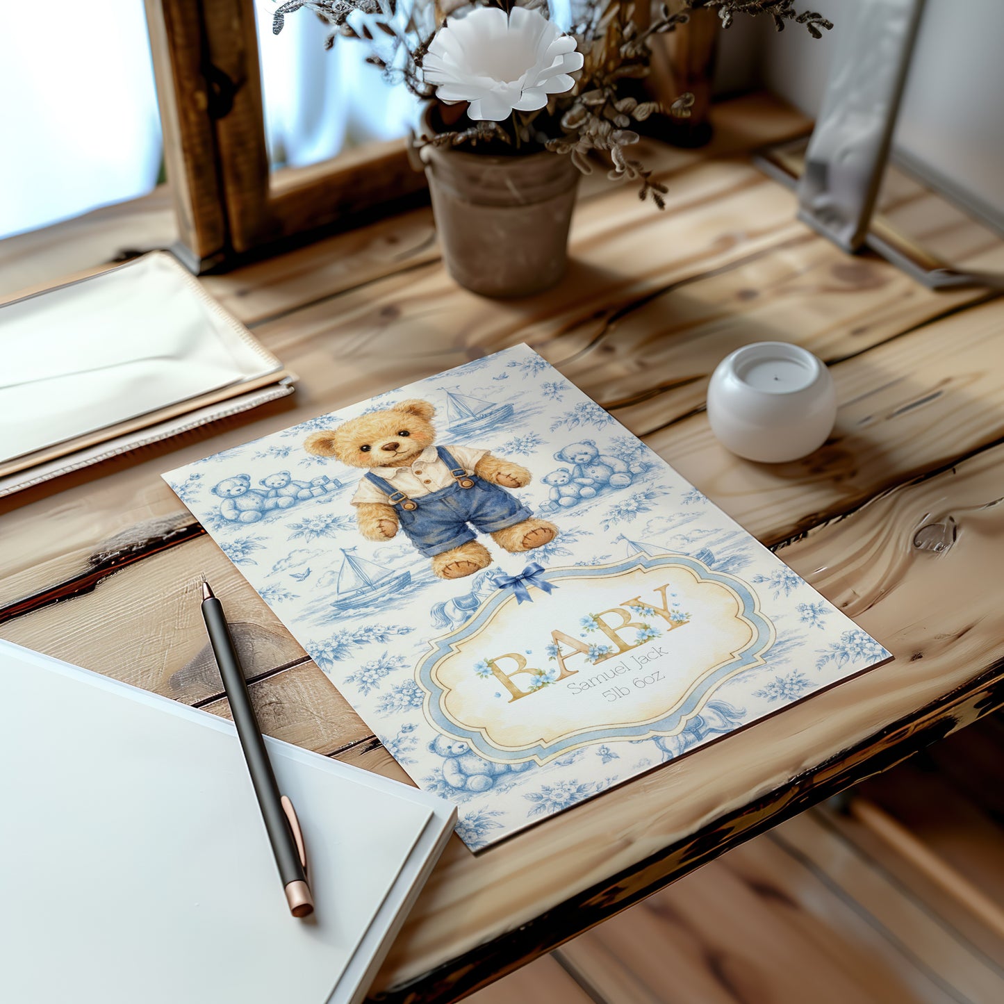 Personalised Newborn Baby Boy Card - Cute Bear Design