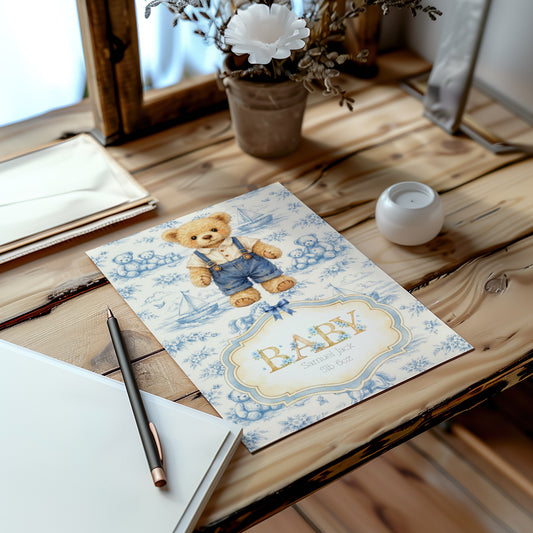 Personalised Newborn Baby Boy Card - Cute Bear Design