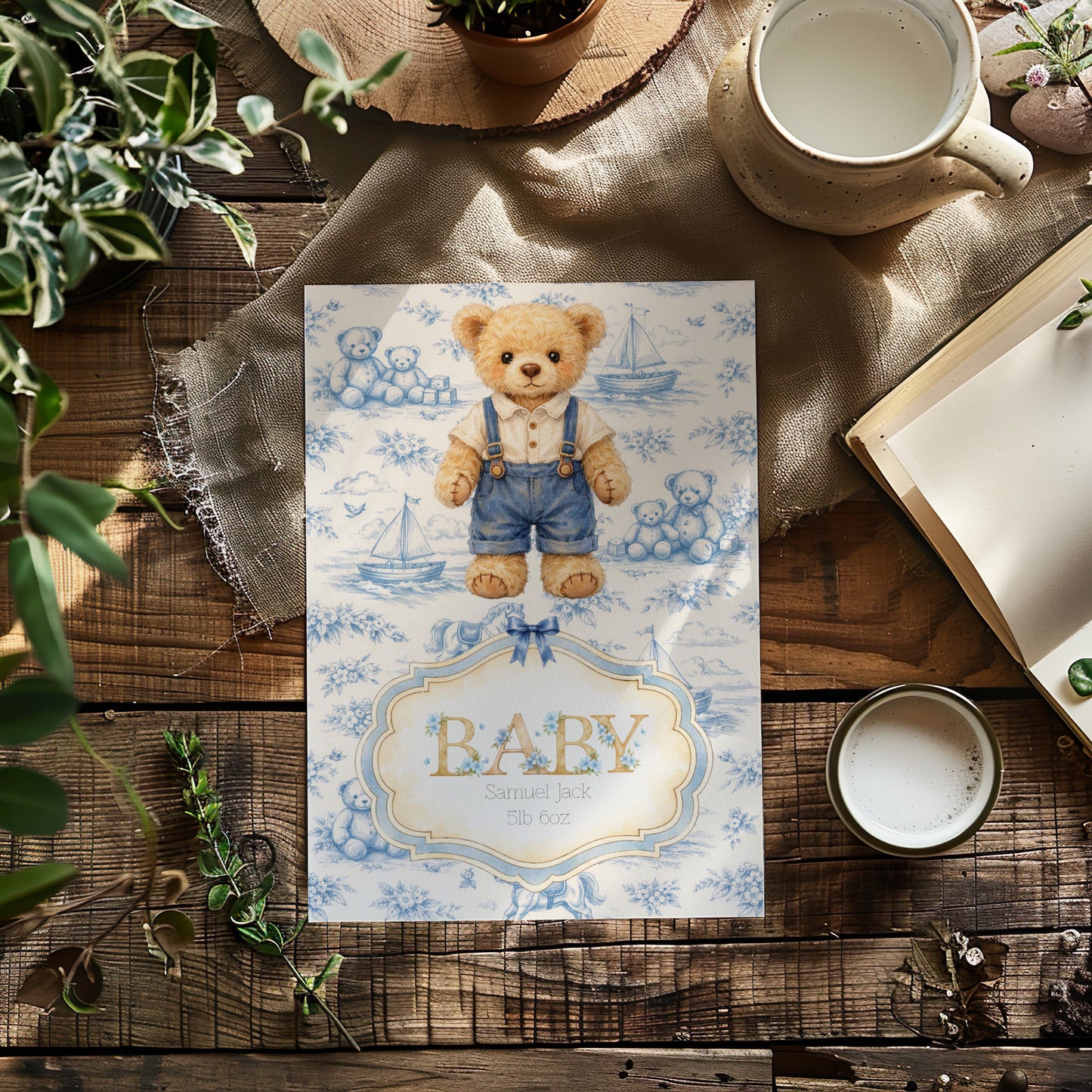 Personalised Newborn Baby Boy Card - Cute Bear Design