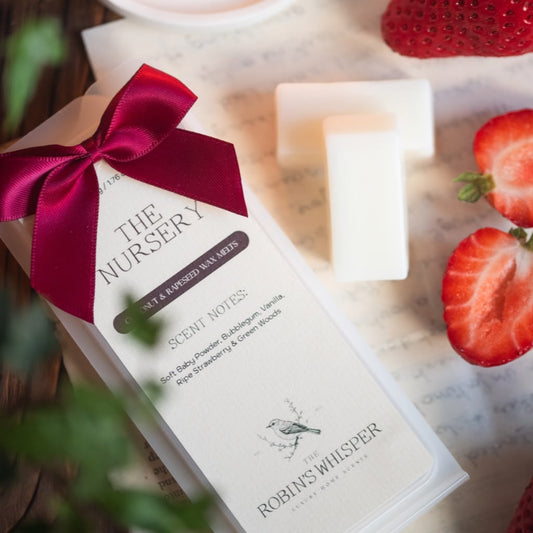 A boxed scented wax melt product tied with a deep red satin bow, placed on a styled surface with strawberries and a small white bar of product beside it. The box reads 'THE NURSERY' and 'ROBIN WHISPER SCENTS'.
