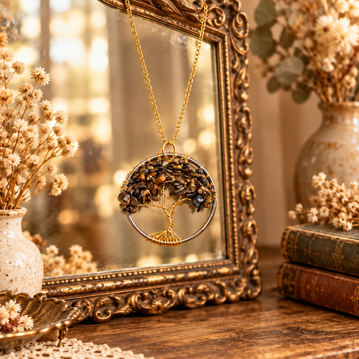 A gold tree-of-life pendant necklace with dark stone accents hangs in front of an ornate gold mirror on a wooden surface, styled with dried flowers and vintage books.