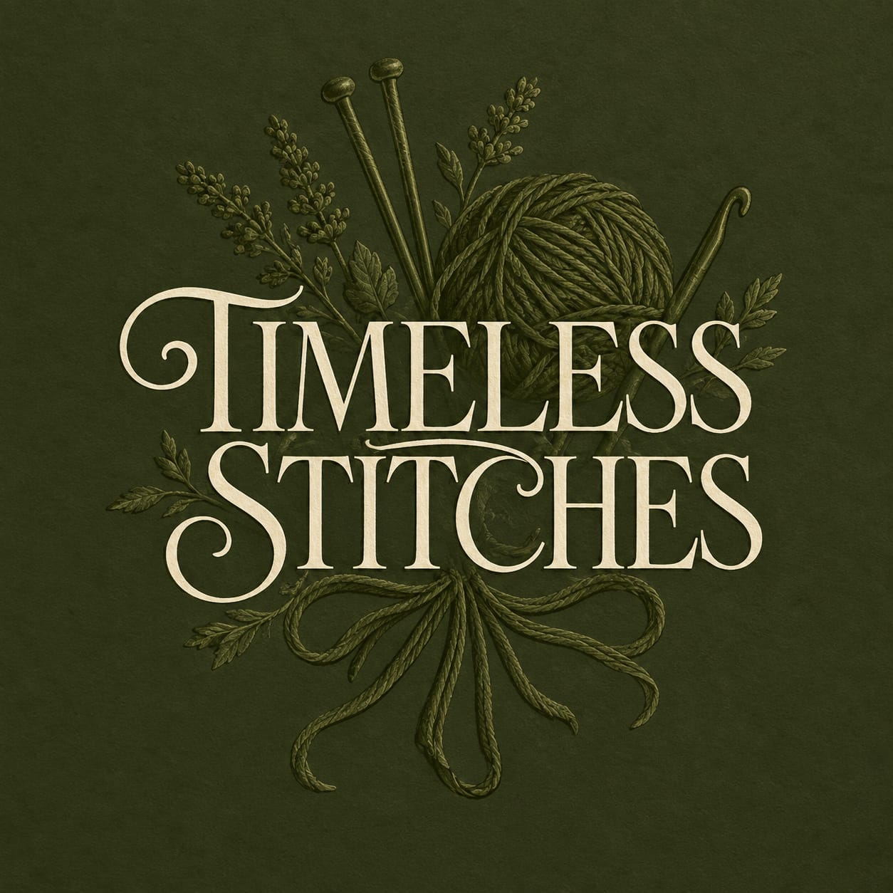 A square graphic with the words “TIMELESS STITCHES” in large cream serif lettering over an illustrated bundle of olive-green yarn, knitting needles, leaves, and stems on a dark olive green background.