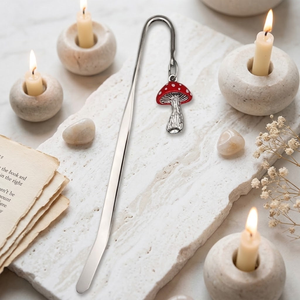 A silver metal bookmark shaped like a small red-and-white mushroom is displayed on a white stone slab with lit candles, stones, dried flowers, and an open book.