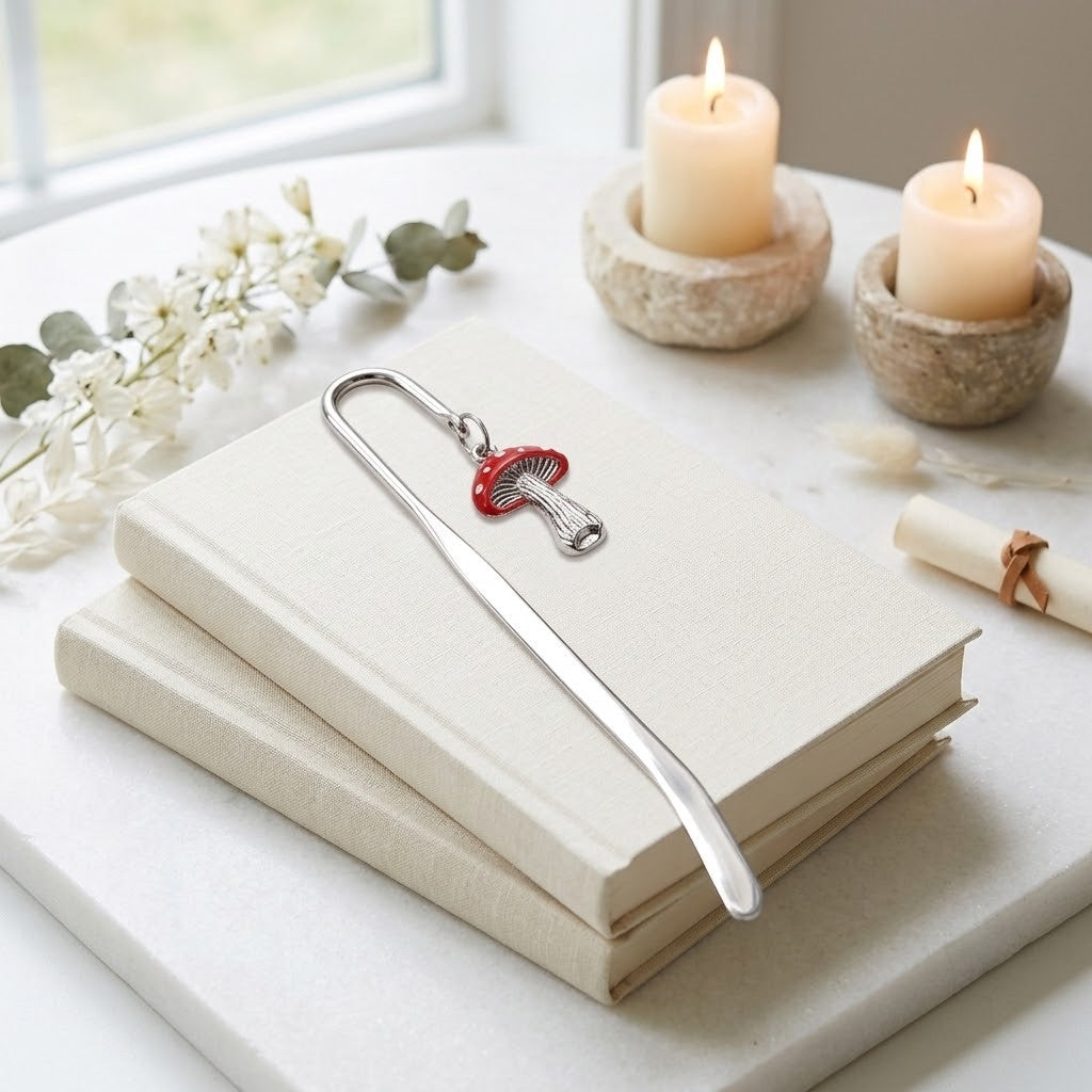 A silver metal bookmark shaped like a small red mushroom resting on a stack of cream-colored books on a white surface, with lit candles, flowers, and a rolled paper scroll in the softly lit background.