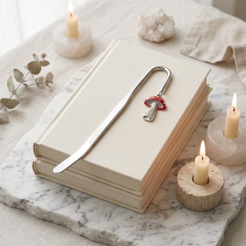A silver metal bookmark shaped like a small red-and-white mushroom rests on a stack of cream-colored books on a white marble tray, surrounded by lit candles and neutral decor.