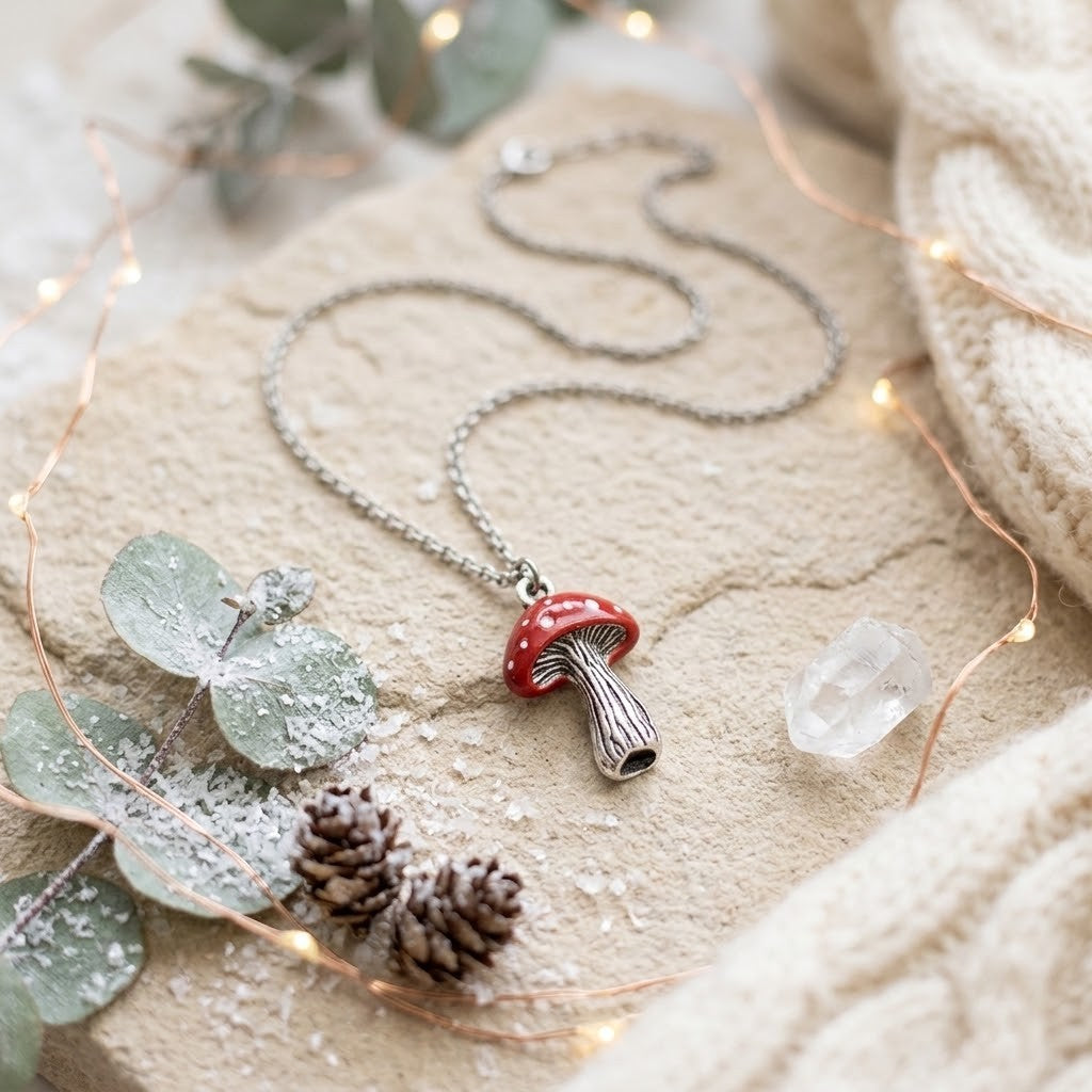 A silver chain necklace with a mushroom pendant, styled on a textured stone surface with eucalyptus leaves, pinecones, fairy lights, and a cream knit blanket.