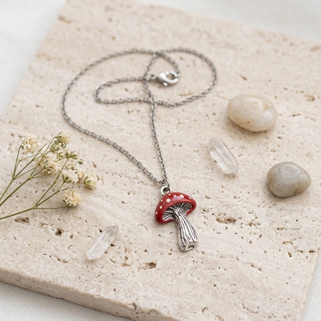 A silver chain necklace with a mushroom-shaped pendant, featuring a red cap with white spots and a silver stem, displayed on a textured beige stone slab with small flowers and stones.