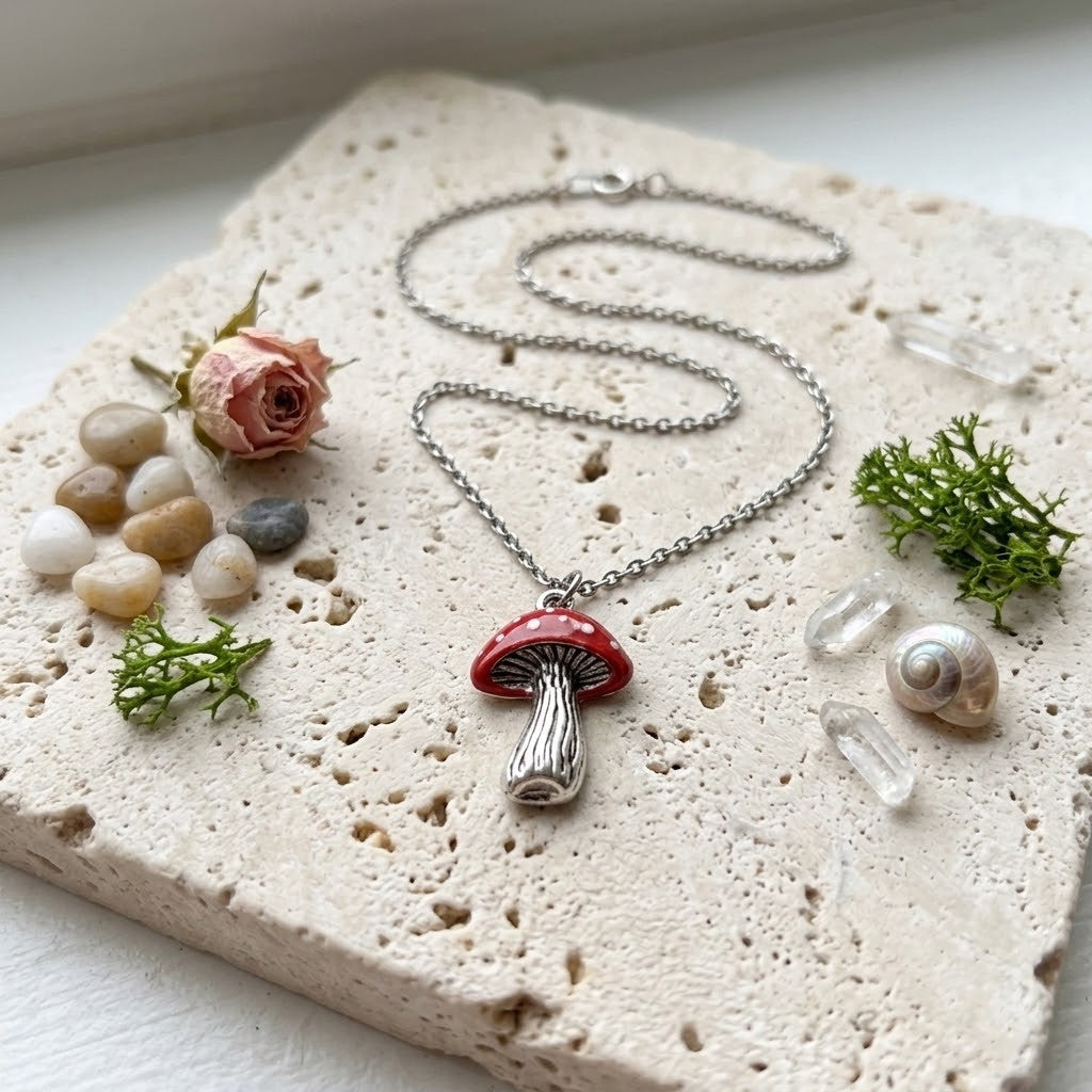 A silver chain necklace with a mushroom pendant, featuring a glossy red cap and textured silver stem, displayed on a beige stone slab with small decorative stones, moss, and a dried rose.