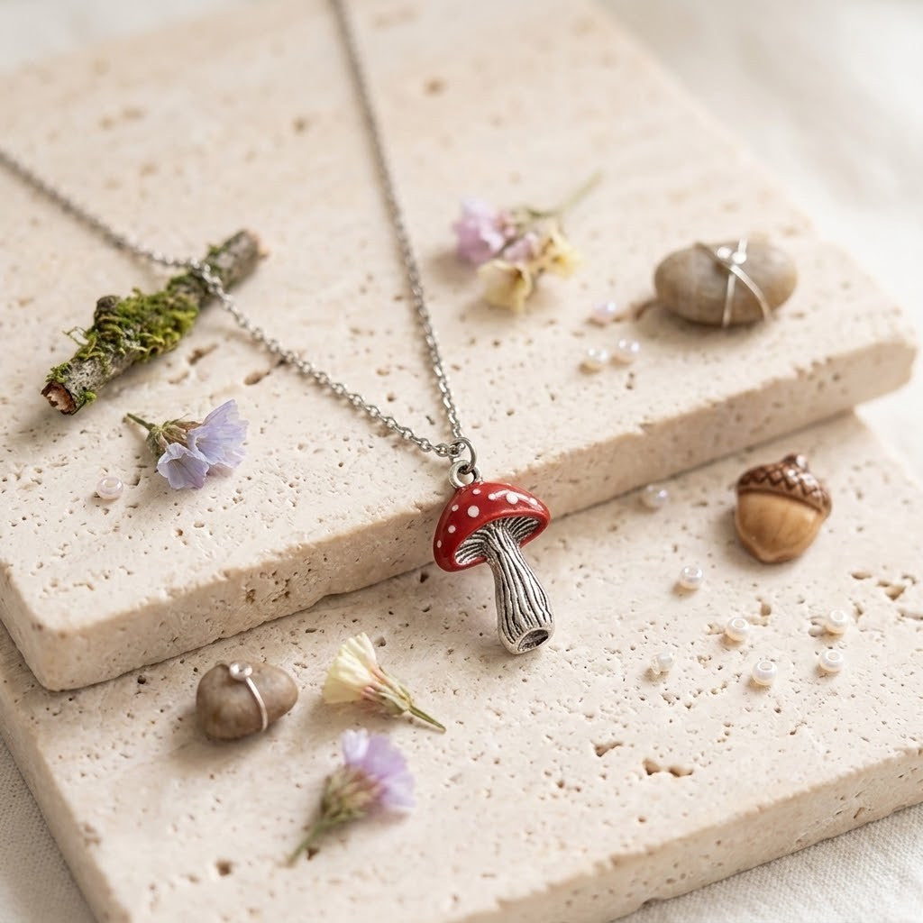 A silver-toned necklace with a red and white spotted mushroom pendant, styled on a textured beige stone slab with small flowers, mossy twigs, and acorns.