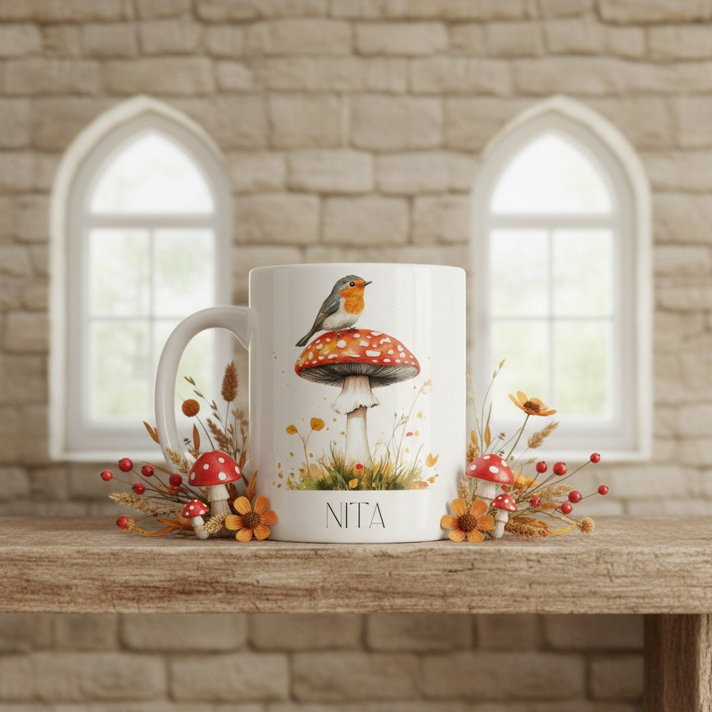 Mug with a design of a robin on a mushroom, surrounded by flowers, on a wooden surface with a stone wall background.