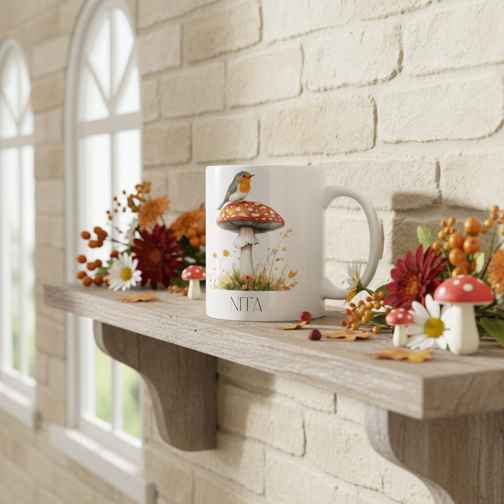 Robin mug with mushroom design on a wooden mantle