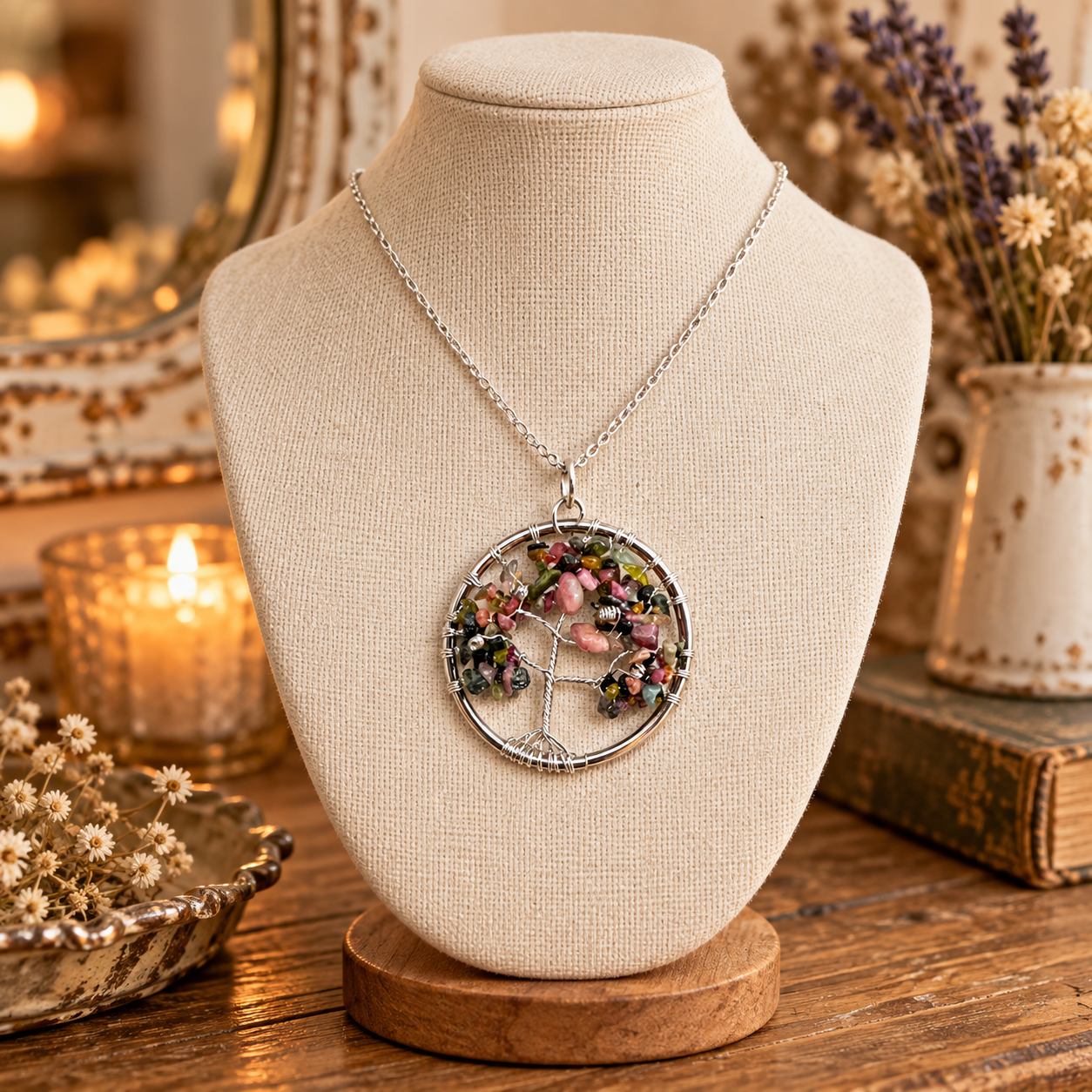 A silver circular pendant necklace with a floral tree of life design, displayed on a beige fabric jewellery bust. The bust is set on a wooden stand on a rustic wooden table, surrounded by cosy boho-style props including a lit candle, dried flowers, and books.