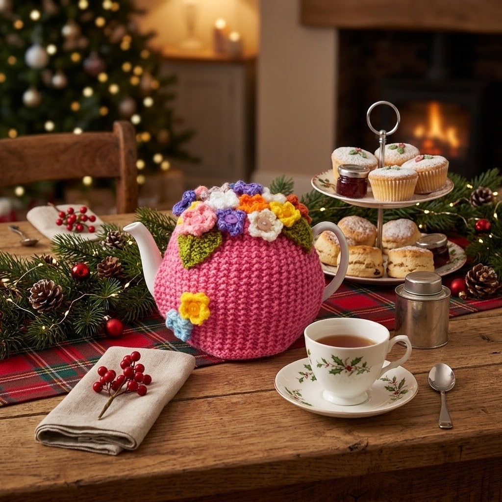 A pink crocheted teapot cover decorated with colourful flowers and green leaves sits on a wooden table in a cosy holiday setting. A white teacup and saucer with tea are in the foreground, with cupcakes and scones on a two-tiered stand in the background, and a Christmas tree and fireplace visible.