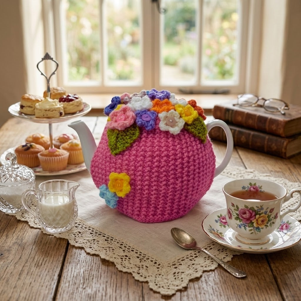 A pink crocheted teapot cover decorated with colourful flowers and green leaves, styled on a wooden table with a floral teacup, sugar bowl, pastries, and books in a bright room.