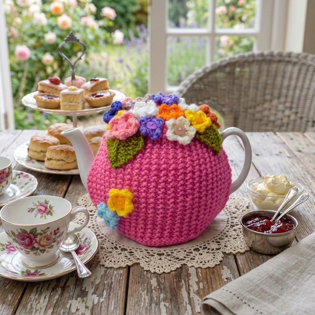 A bright pink crocheted teapot cover with colourful floral details sits on a wooden table in a tea-time setting, surrounded by teacups, scones, jam, and a lace doily.