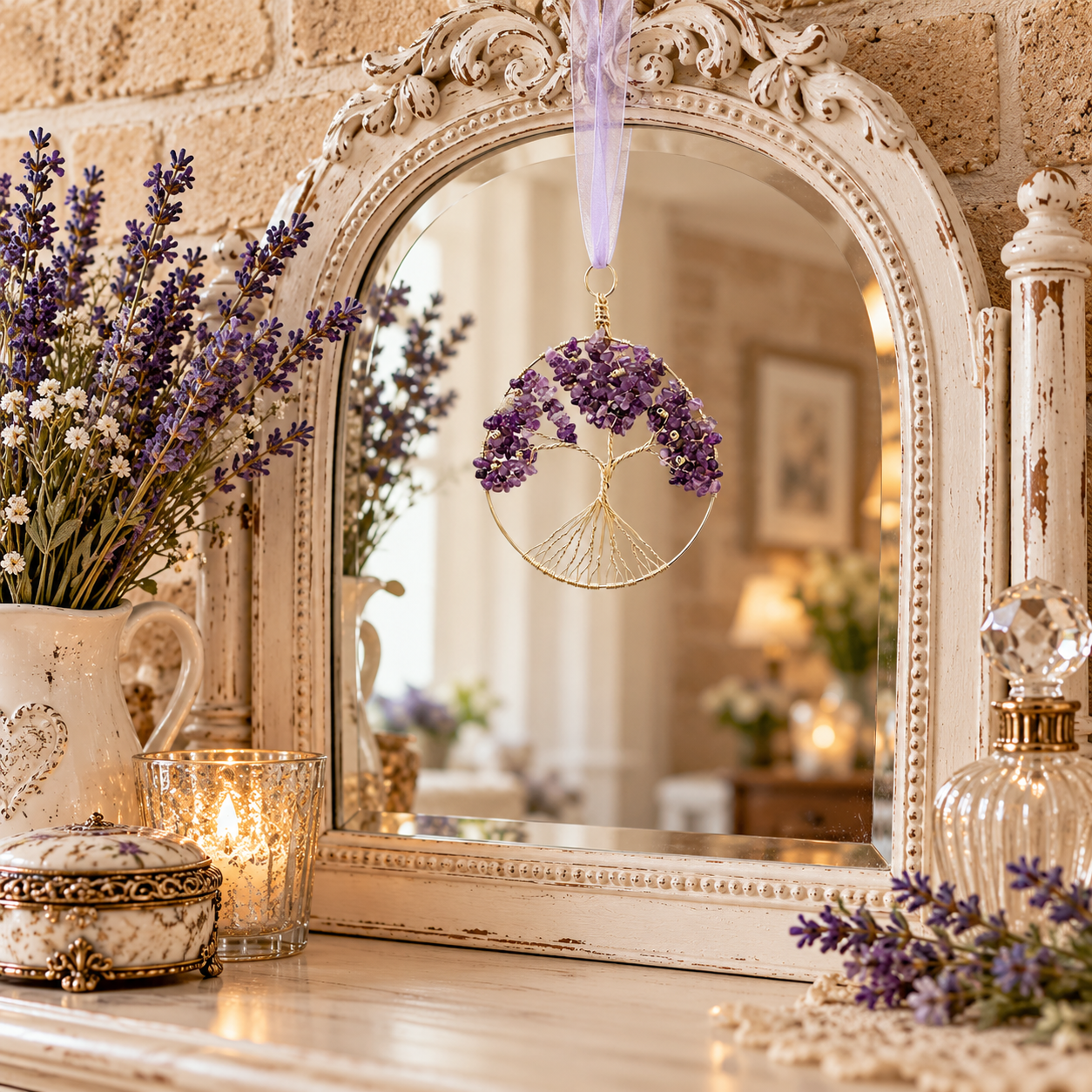 A decorative gold wire tree of life ornament with purple lavender flowers hangs in front of an ornate distressed white mirror on a wooden surface, styled with lavender stems, a lit candle, and a glass perfume bottle.