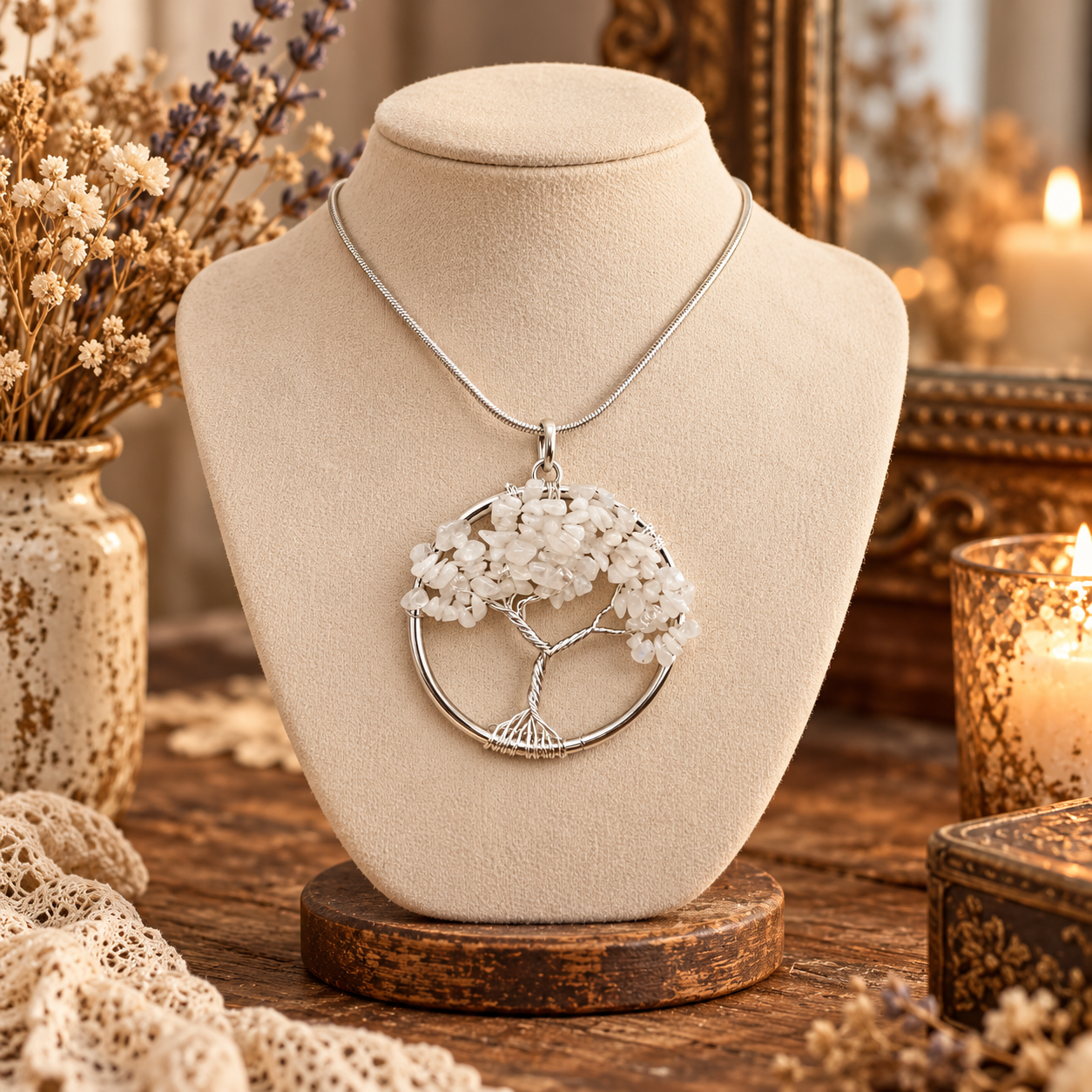 A silver pendant necklace displayed on a beige jewellery bust. The pendant features a circular tree-of-life design with white flower-like details and a silver trunk, set against a warm, rustic background with dried flowers and candles.