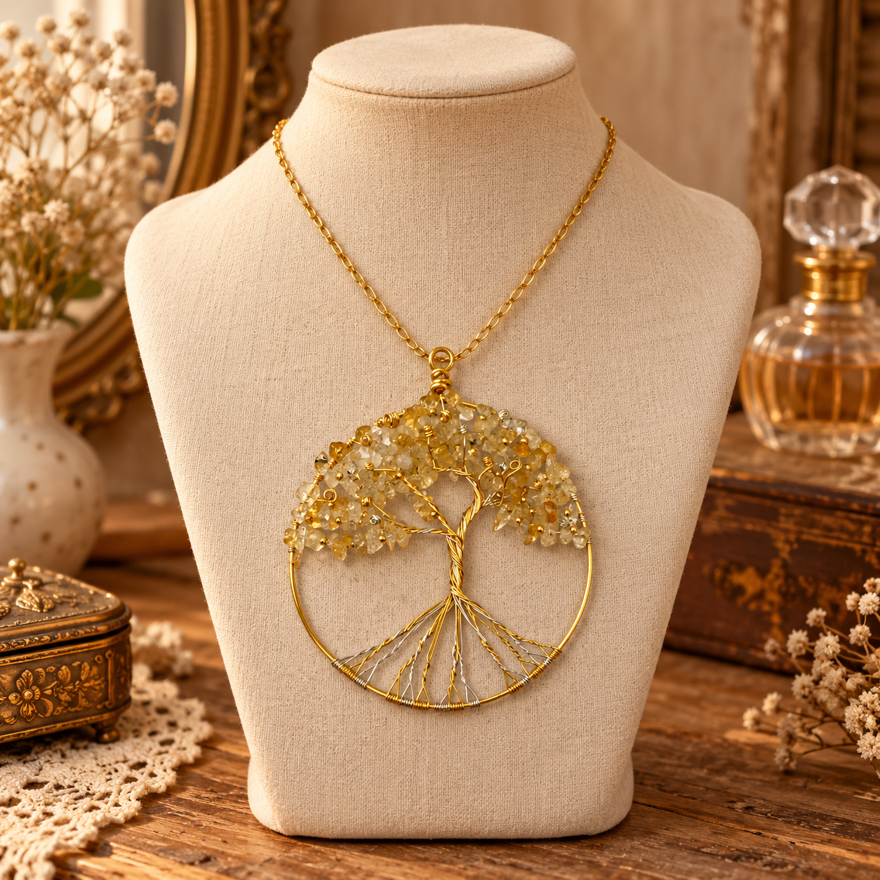 A gold necklace with a large circular pendant featuring a tree design and clear rhinestone-like leaves, displayed on a cream fabric mannequin bust in a warm vintage-style setting.