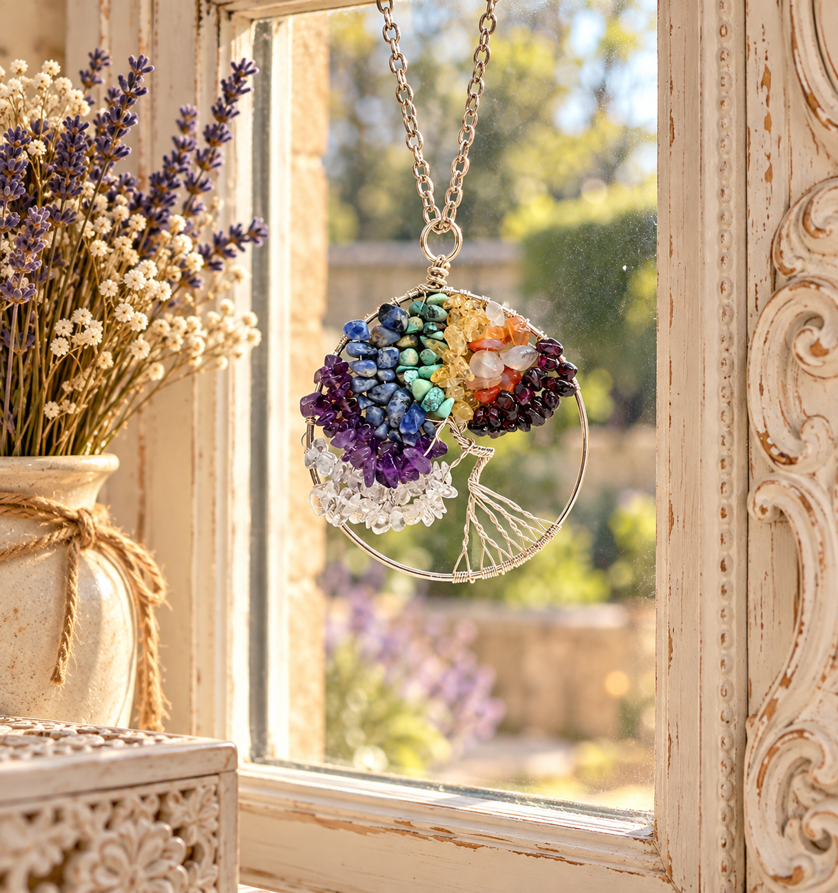 A circular chakra pendant necklace hanging in front of a sunlit window. The pendant features multiple coloured gemstone sections representing the chakras, with a silver-toned chain and circular frame.