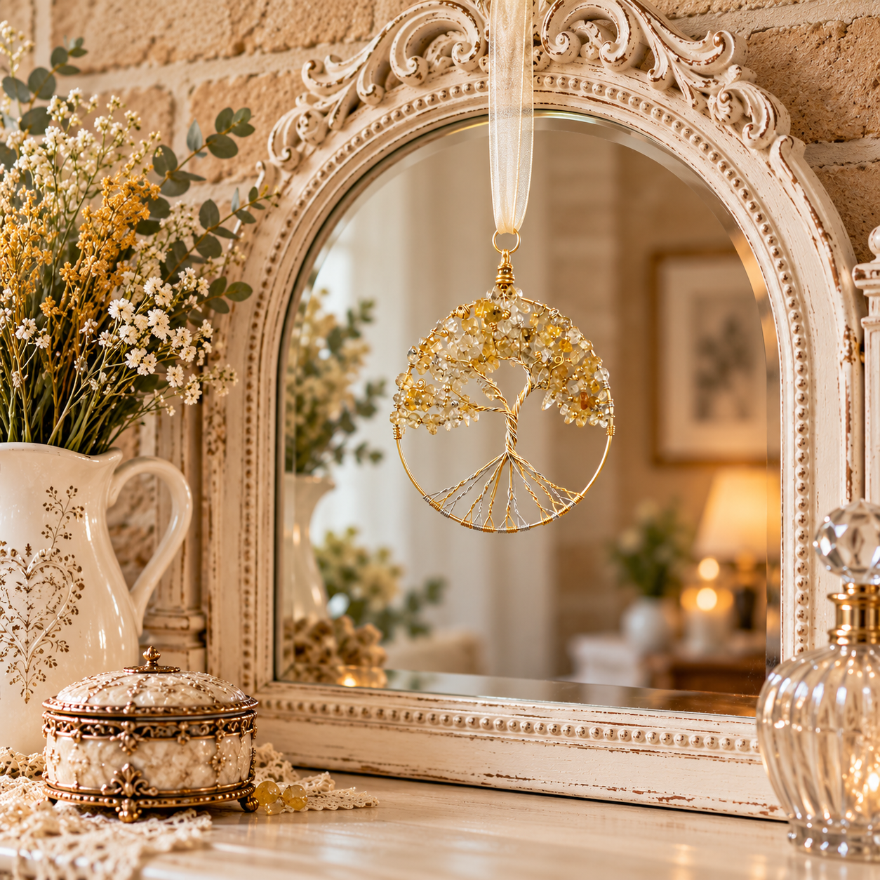 A decorative gold wire tree of life hanging ornament with a cream ribbon loop, displayed in front of an ornate white mirror on a rustic wooden table with dried flowers and a vintage pitcher.