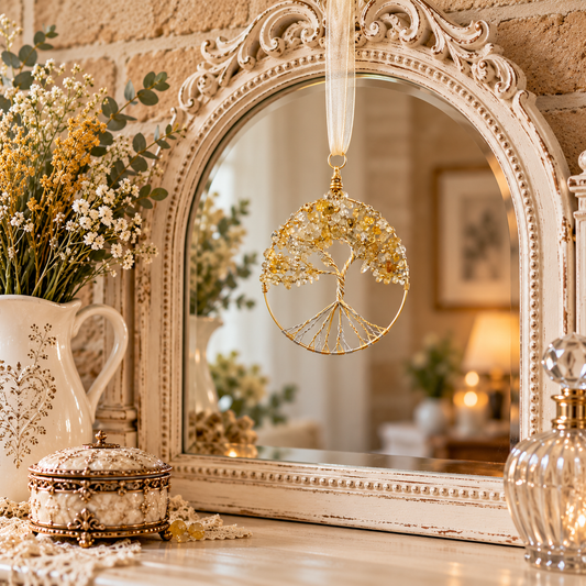 A decorative gold wire tree of life hanging ornament with a cream ribbon loop, displayed in front of an ornate white mirror on a rustic wooden table with dried flowers and a vintage pitcher.