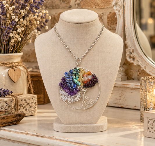 A silver tree of life pendant necklace with a chakra design, displayed on a cream fabric mannequin bust. The necklace features a silver chain and a circular pendant with a tree branch design, where the leaves are made of colourful gemstone chips representing the chakras (purple, blue, green, yellow, orange, red).