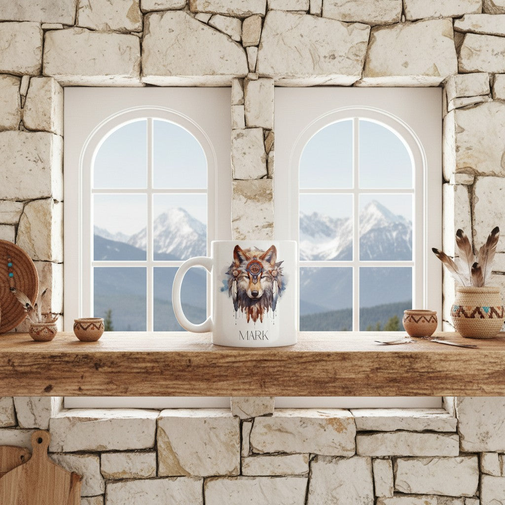 Mug with a wolf design on a wooden surface in front of a stone wall and window with mountain view.