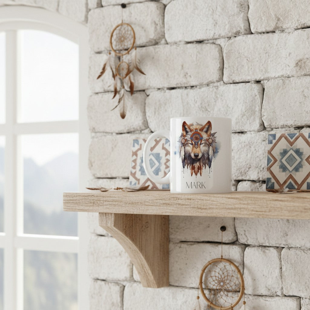 Decorative shelf with wolf portrait on a coffee mug and dreamcatchers against a stone wall.