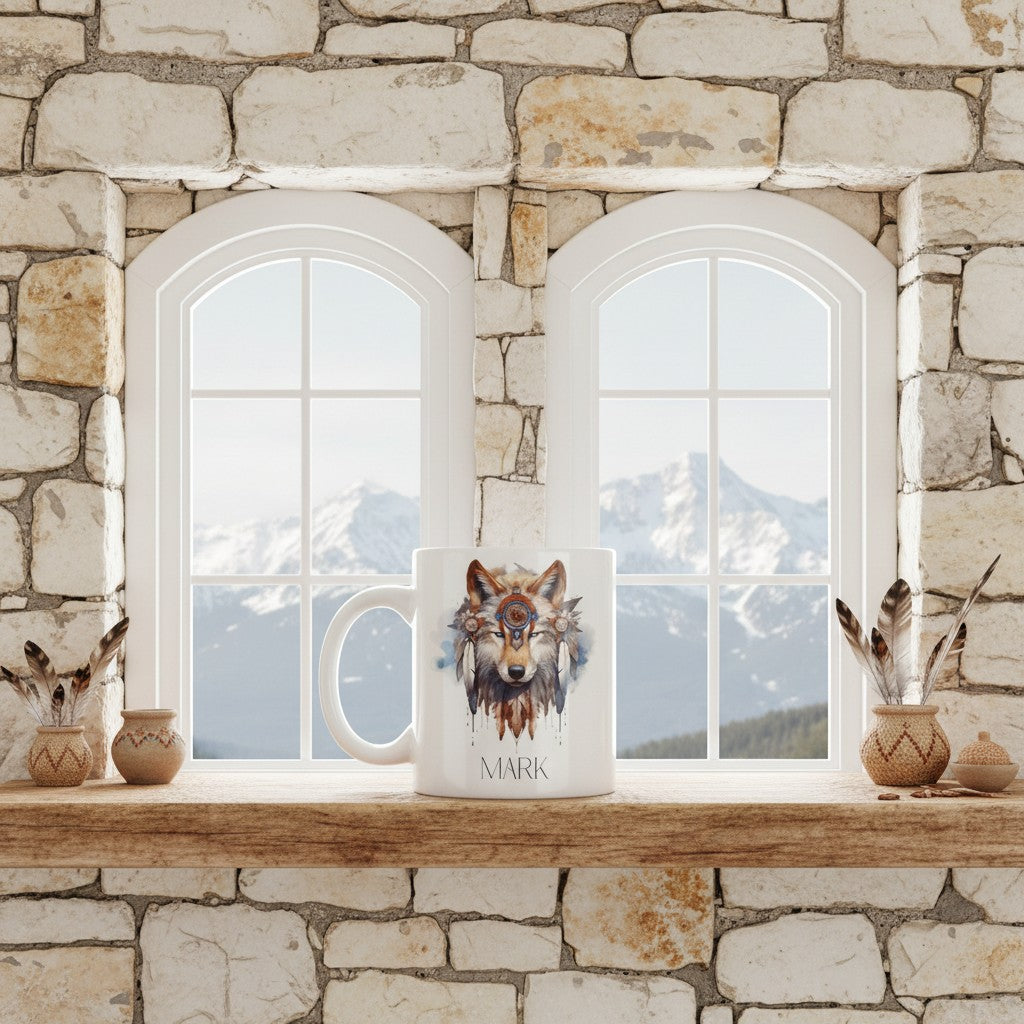 Mug with a wolf design on a windowsill with stone wall background