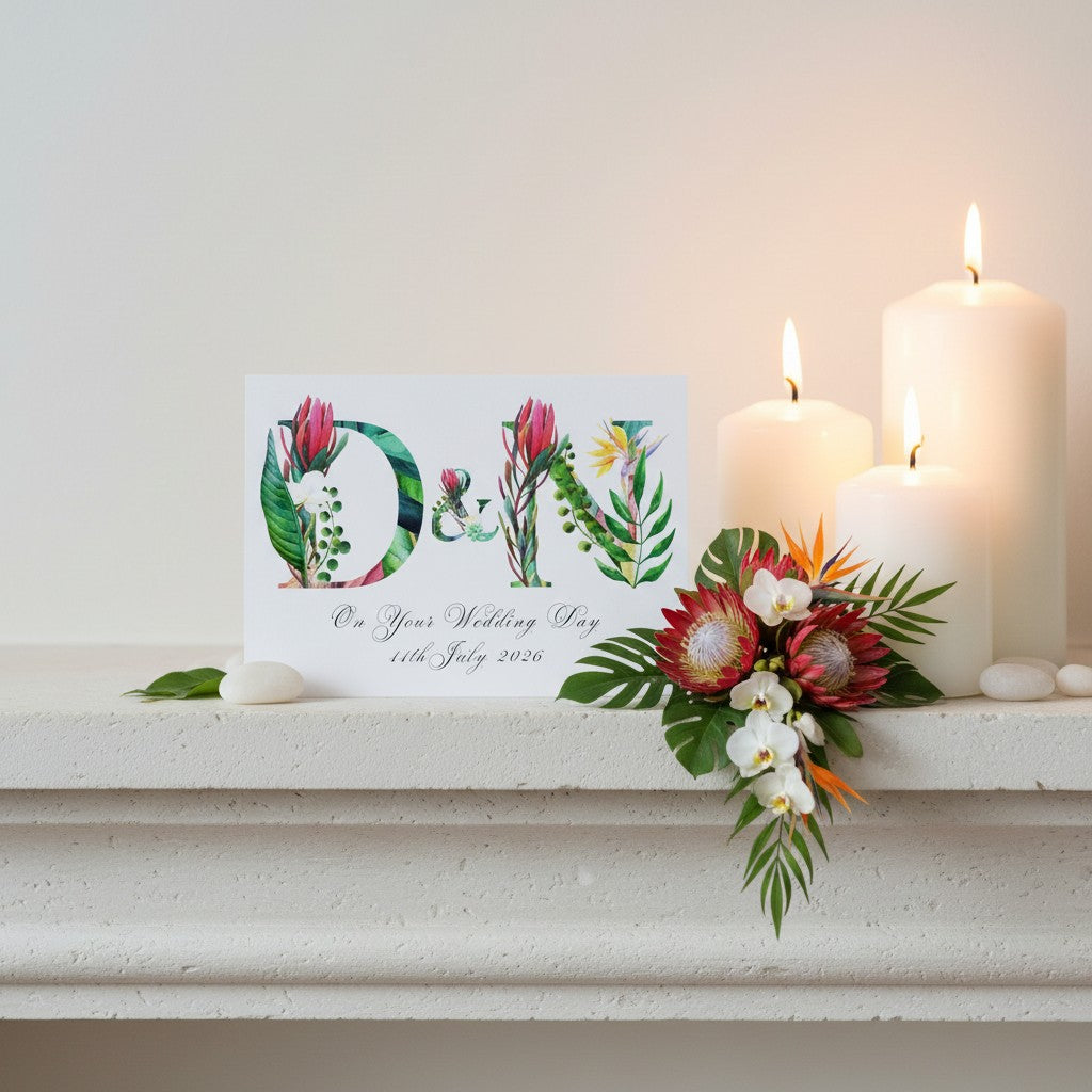 Floral monogram card with candles and flowers on a white surface