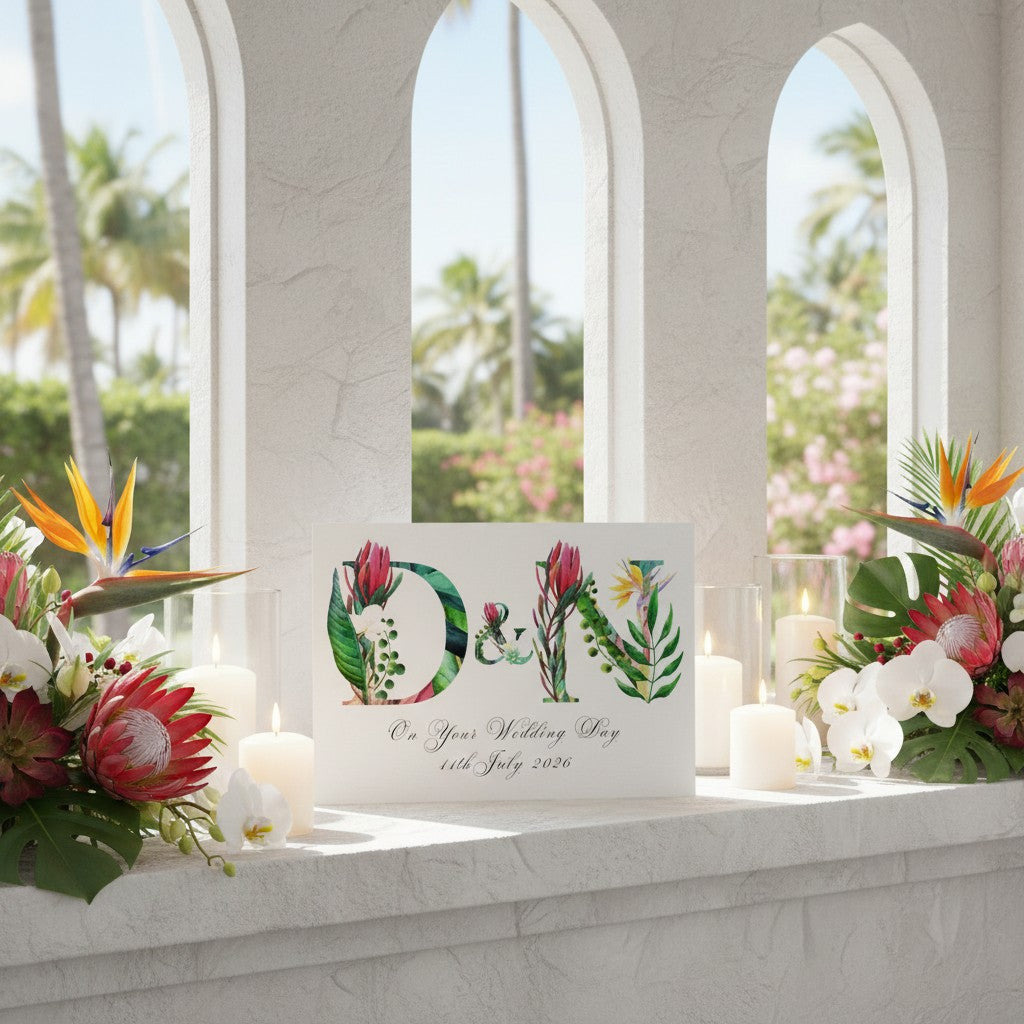 Decorative wedding card with floral letters on a marble ledge with candles and flowers.