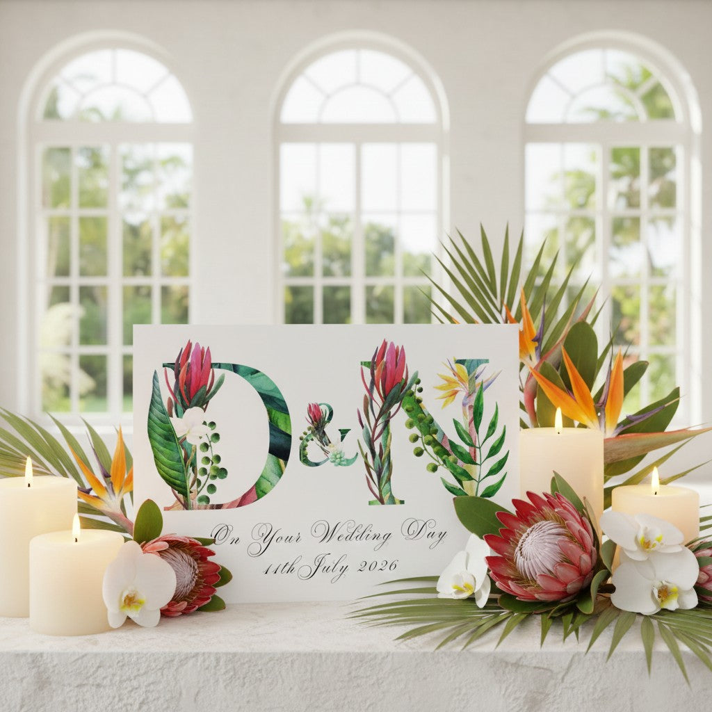 Decorative wedding card with floral designs and candles on a table in a bright room with large windows.