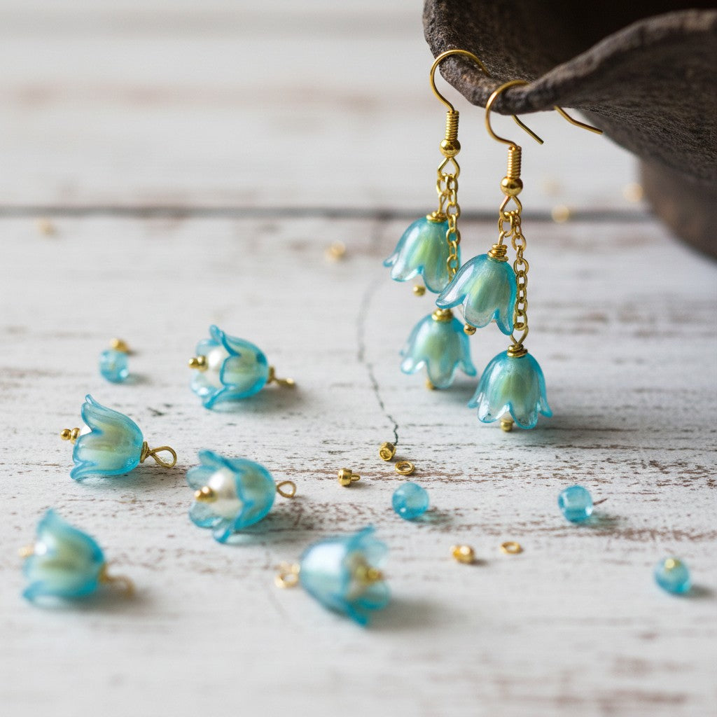 Turquoise flower tulip shaped earrings on a wooden surface
