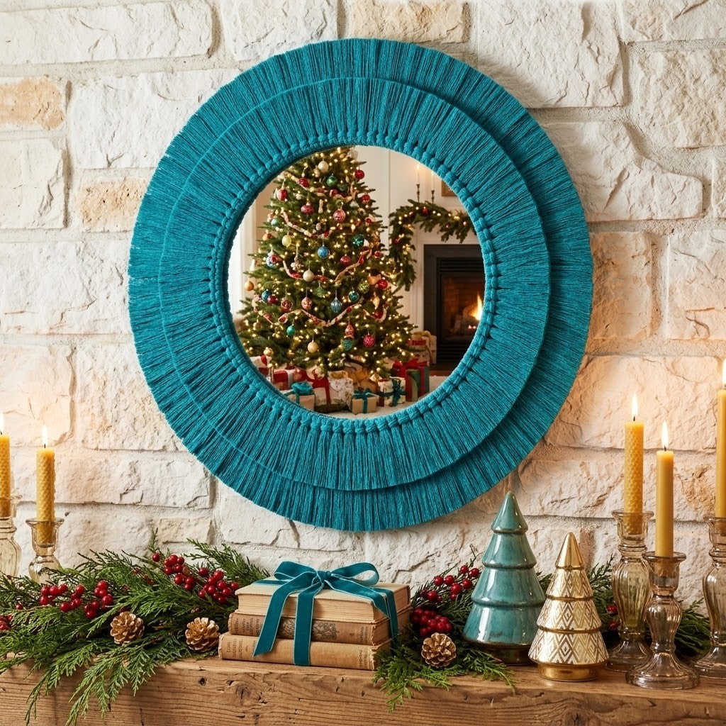 A round decorative macrame mirror with a wide, textured teal fringe-like border hangs on a white stone wall above a wooden mantel decorated with candles, pinecones, greenery, and wrapped gifts. The mirror reflects a Christmas tree and fireplace.