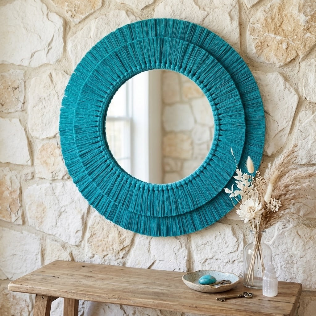 A round wall mirror with a wide, fringed turquoise blue border, mounted on a light beige stone wall above a rustic wooden console table with decorative dried grass and a small bowl.