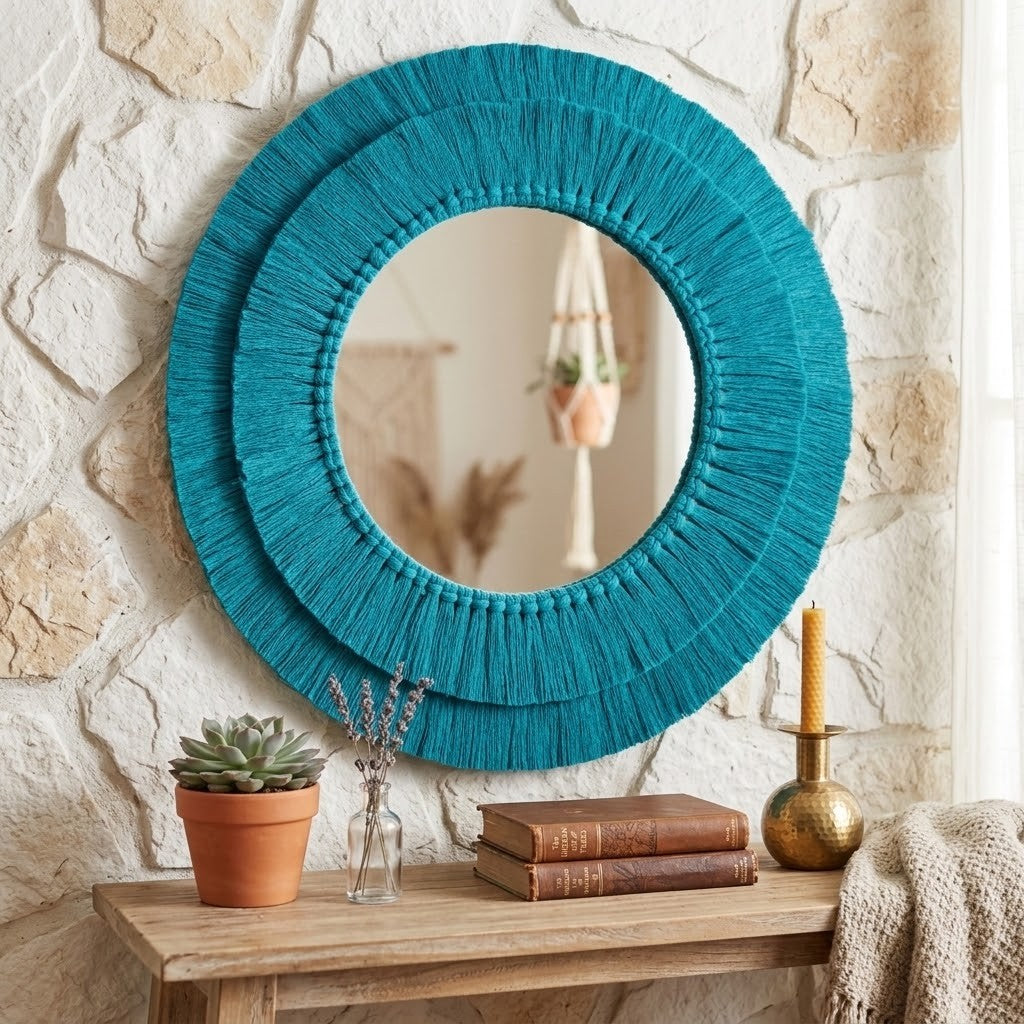 A round wall macrame mirror with a wide, tiered fringe border in bright turquoise blue, styled on a rustic stone wall above a wooden console table with books, a potted succulent, and a candle holder.