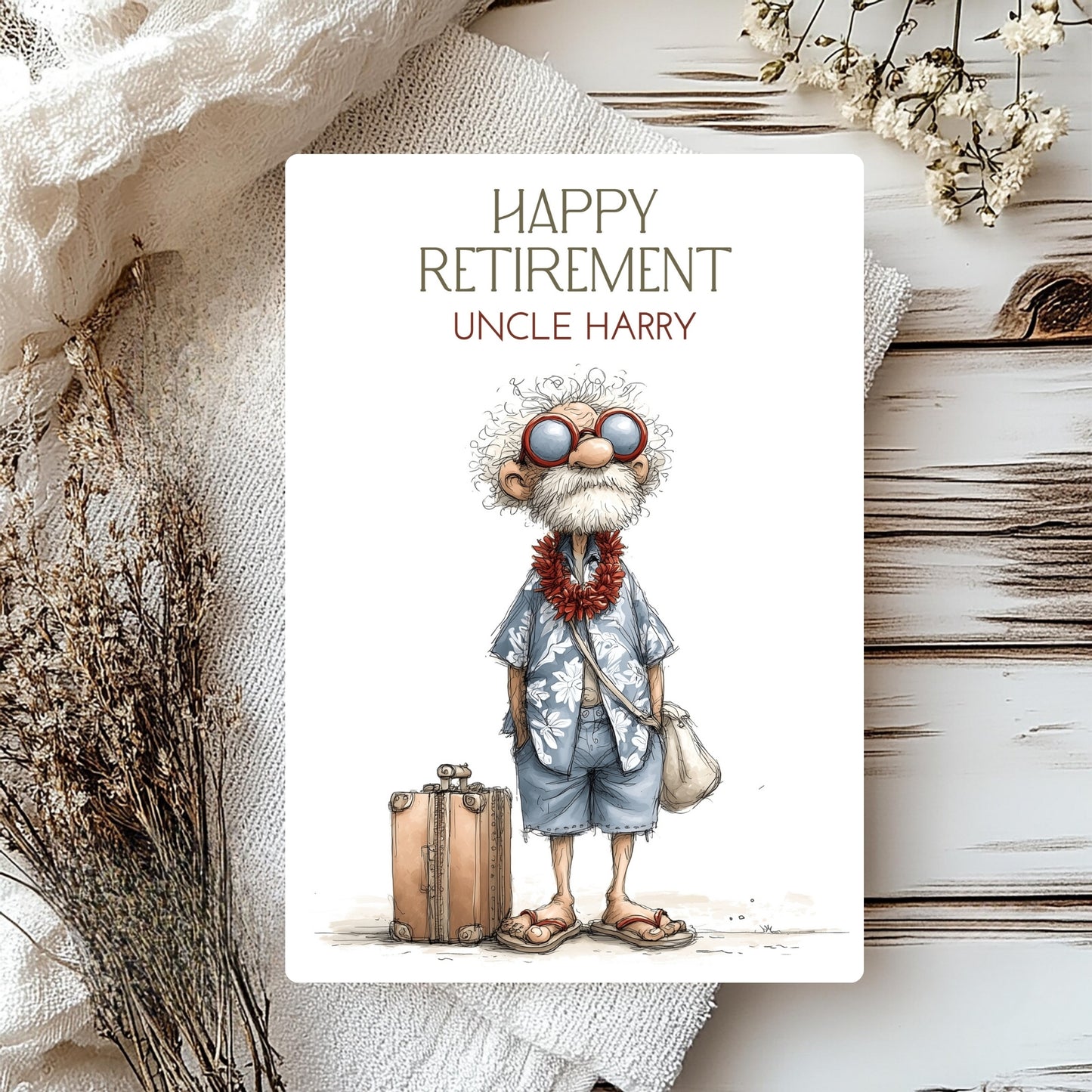 Retirement card with a cartoon character standing next to a suitcase, surrounded by decorative elements.