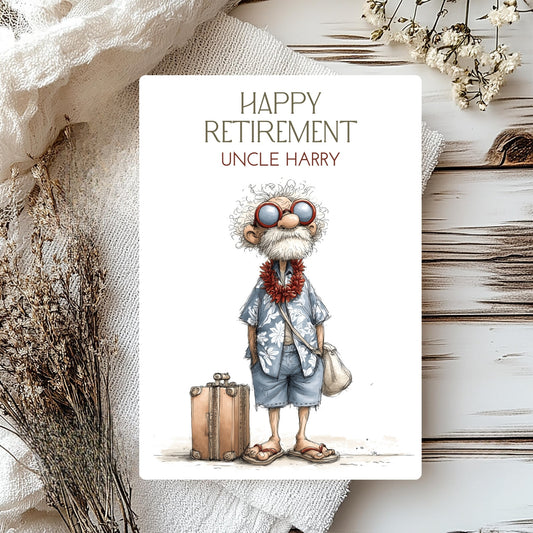 Retirement card with a cartoon character standing next to a suitcase, surrounded by decorative elements.