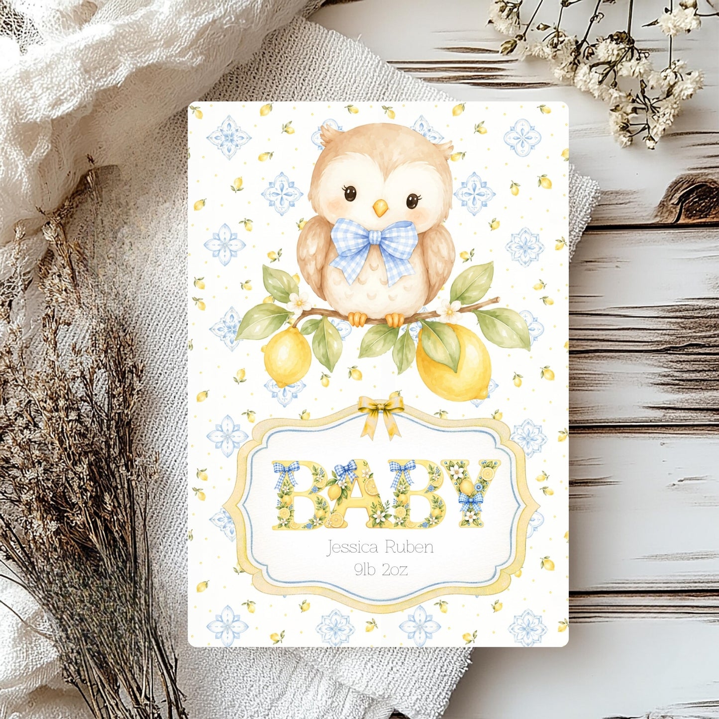 Personalised Baby Owl Newborn Baby Card – Custom Name & Birth Weight