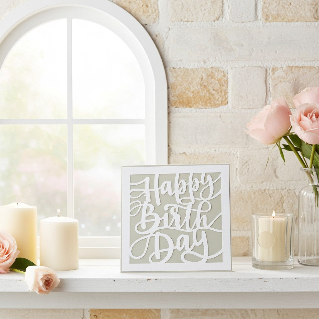 A square greeting card unisex reading 'Happy Birthday' in elegant cursive, displayed on a white mantelpiece or shelf alongside candles, pink roses, and a lit candle against a brick wall and arched window.