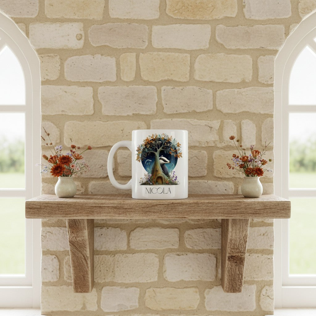 Mug with a design on a wooden shelf against a stone wall