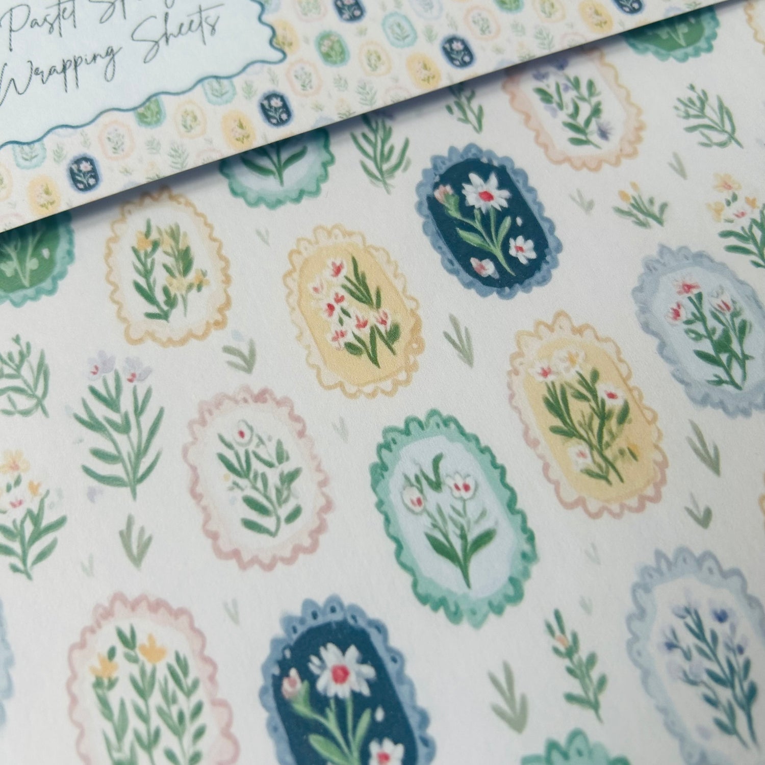 Patterned wrapping paper sheets with floral designs on a white background