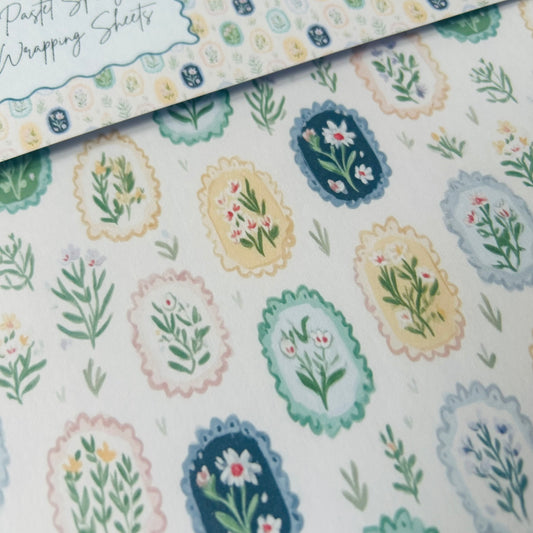 Patterned wrapping paper sheets with floral designs on a white background