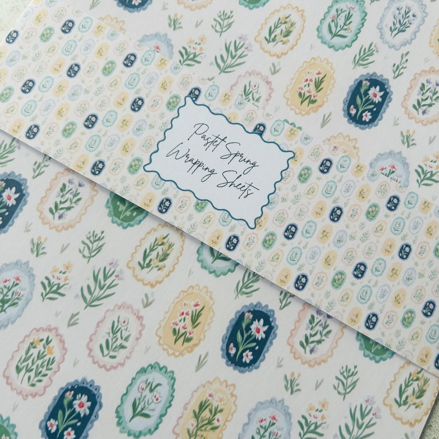 Pastel spring wrapping paper with floral patterns on a white background