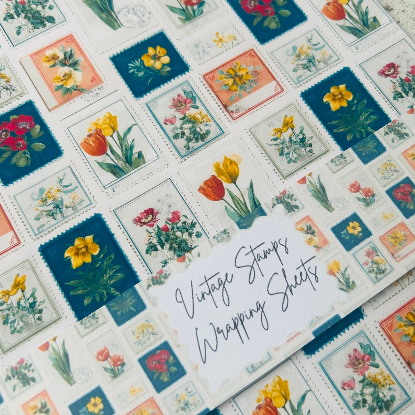 Vintage-style floral stamps on a wrapping paper sheet with 'Vintage Stamps Wrapping Sheets' text.
