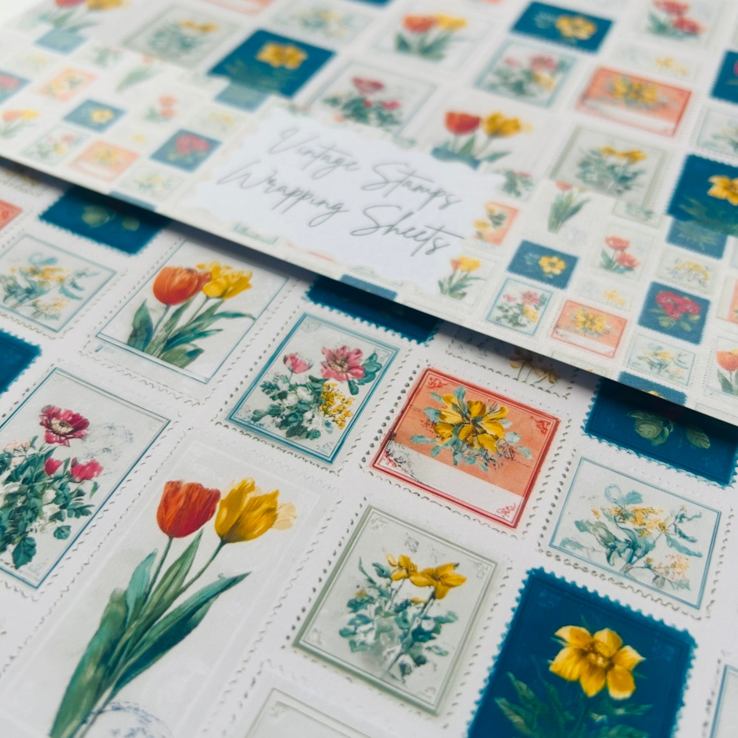 Collection of floral-themed stamps on A4 wrapping sheets.