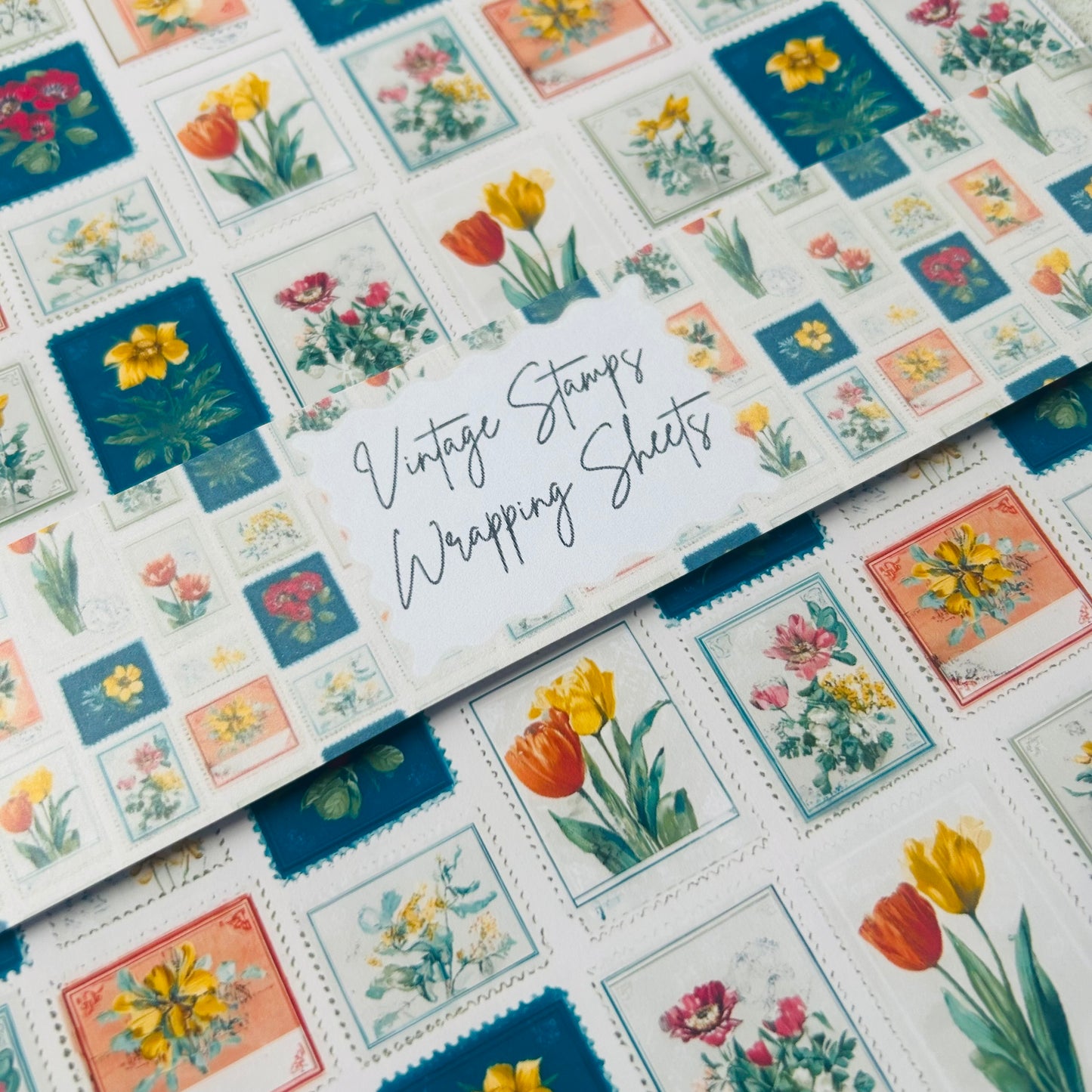 Vintage-style floral wrapping sheets with 'Vintage Stamps' text