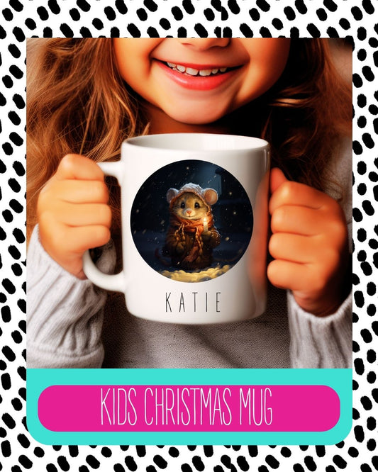 A child holding a white ceramic mug with a personalised text and a Christmas themed design featuring a volesign.