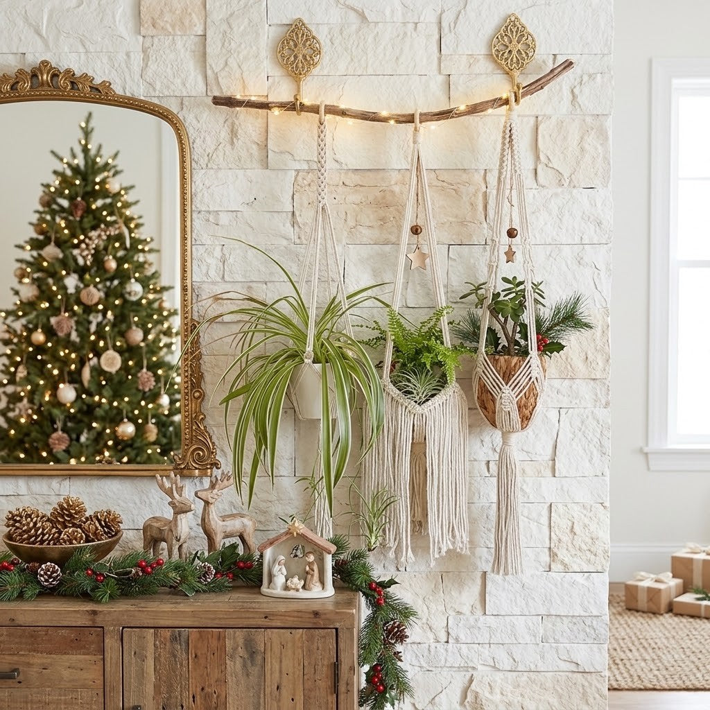 A styled holiday living room scene featuring a rustic wooden branch wall hanging with warm string lights, cream macrame plant hangers, and a woven basket planter against a white stone wall. A wooden console table below holds a mirror, pinecones, deer figurines, and holiday greenery.