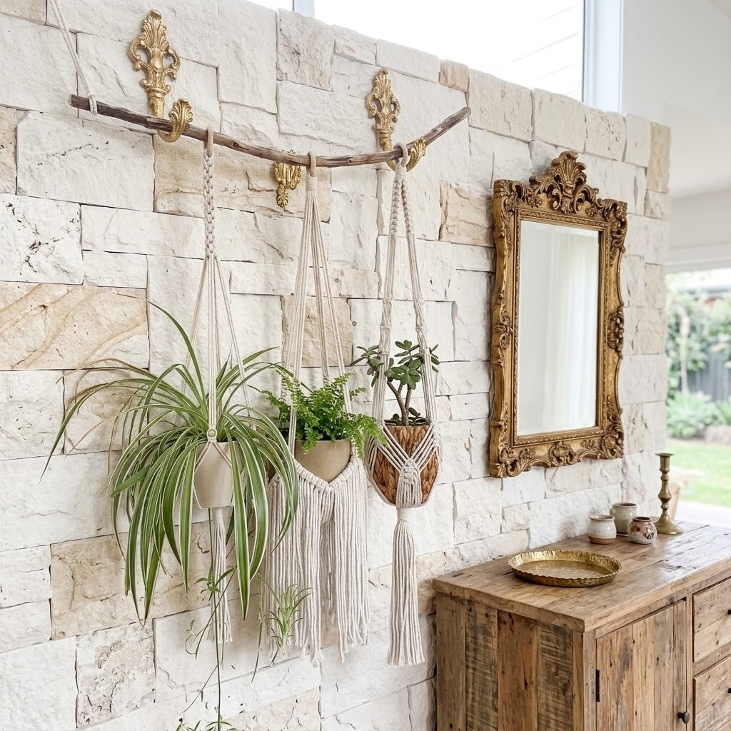 A boho-style macrame plant hanger with a woven basket pot holding a small green plant, hanging from a rustic wooden branch mounted on a light stone wall. The scene includes a gold mirror and a wooden cabinet, creating a warm, styled interior setting.